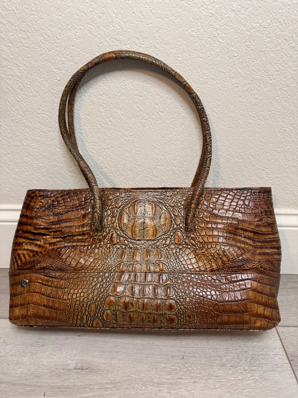 : Besso Italian Croc Embossed Leather Tote Bag Brown Tan
